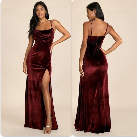 Lulus Everything I Do Wine Velvet Cowl Neck Mermaid Maxi Dress NWOT Size S Small - Picture 1 of 10